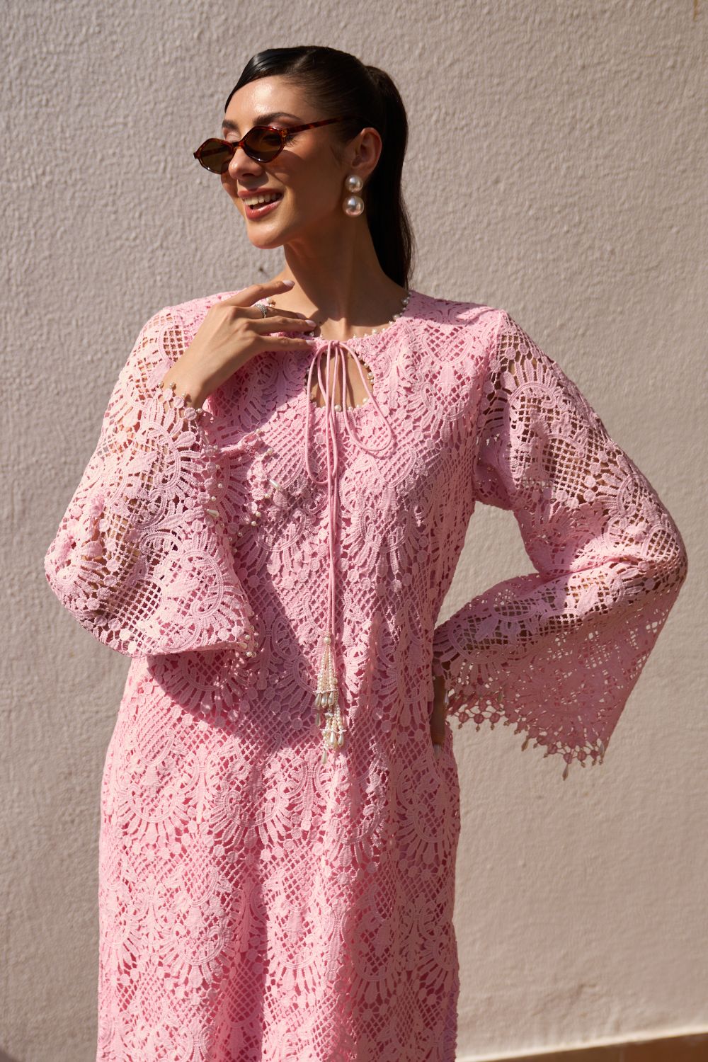 Iqra Pink Lace Kurta Set with Pearl Embroidery