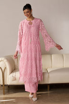 Iqra Pink Lace Kurta Set with Pearl Embroidery