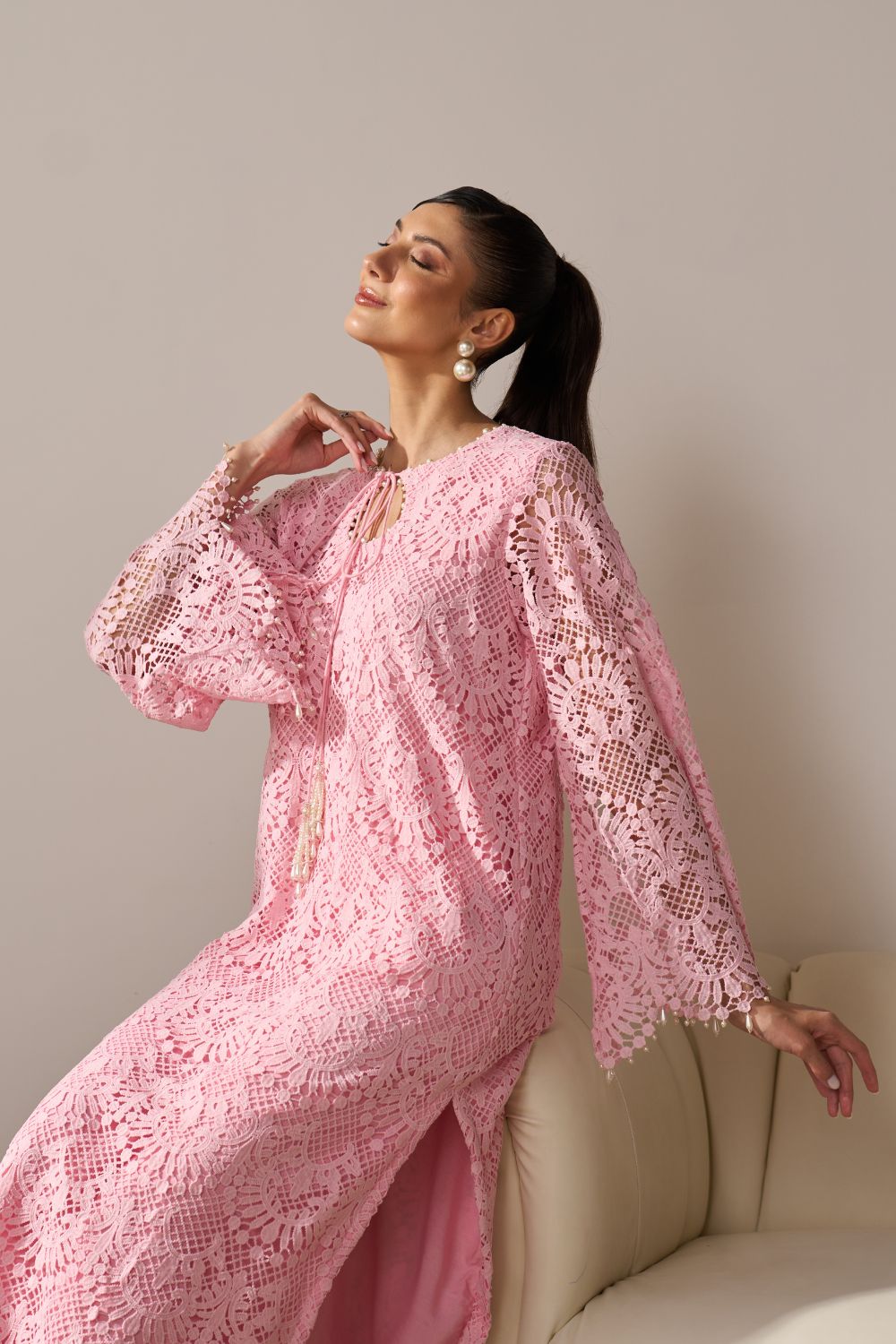 Iqra Pink Lace Kurta Set with Pearl Embroidery
