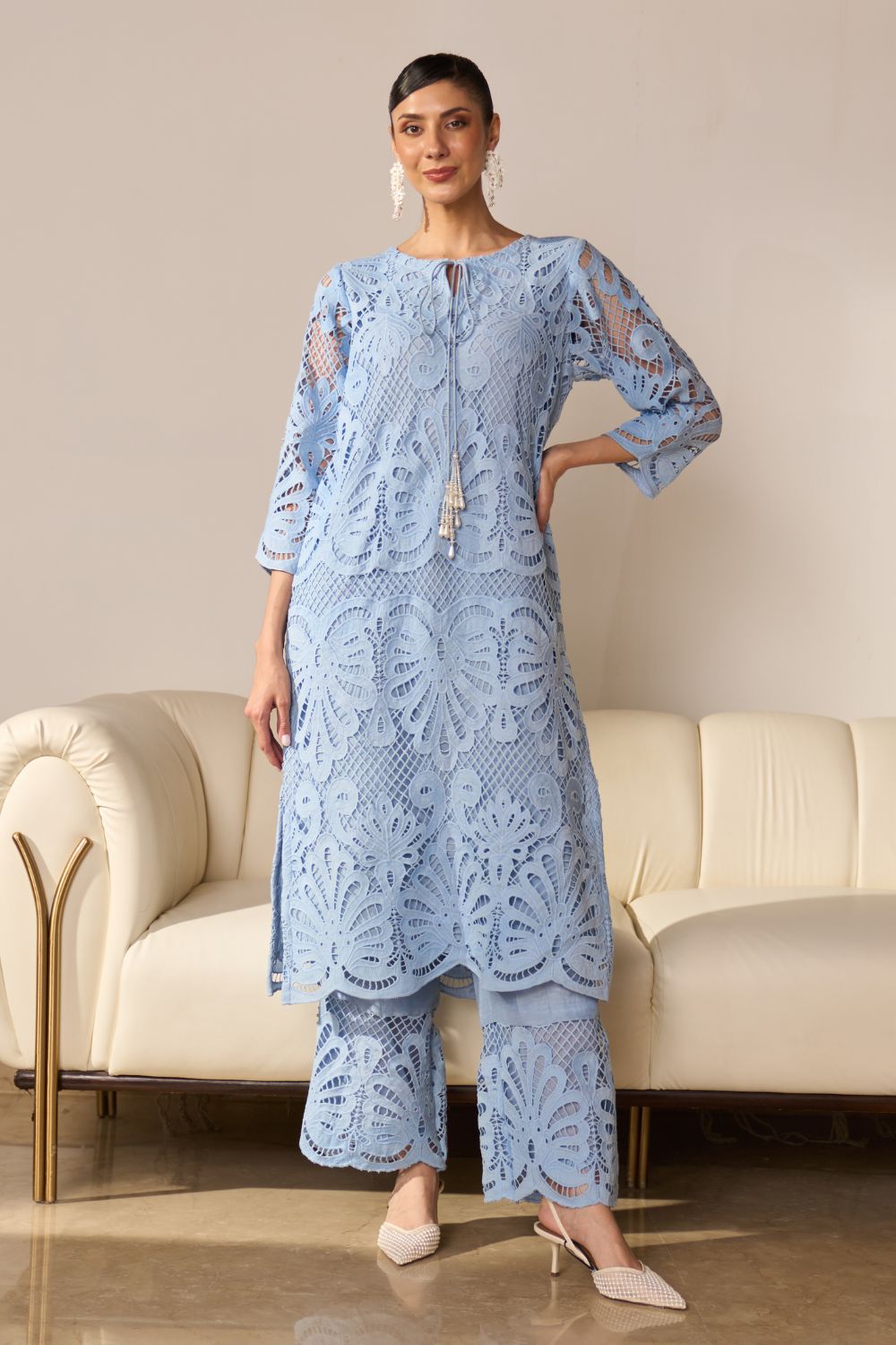 Alia Blue Lace Kurta Set With Pearl Embroidery