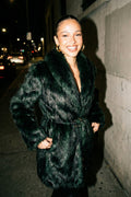 Rebecca Dark Green & Black Fur Coat with Tie-up Belt