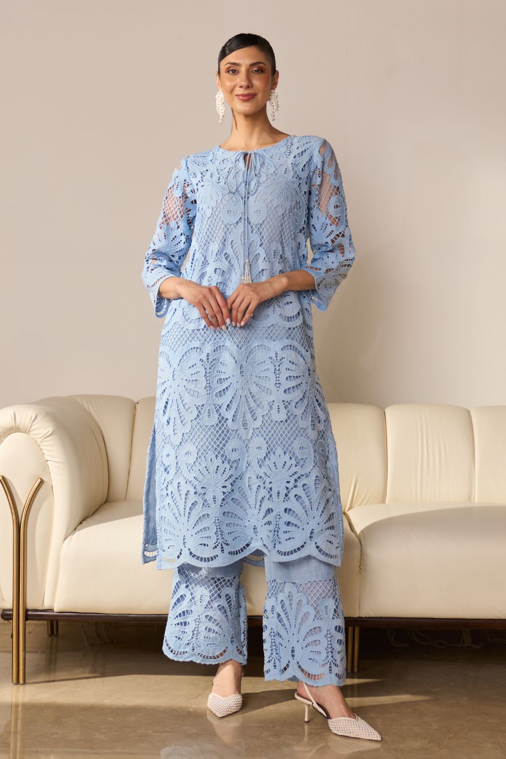 Alia Blue Lace Kurta Set With Pearl Embroidery
