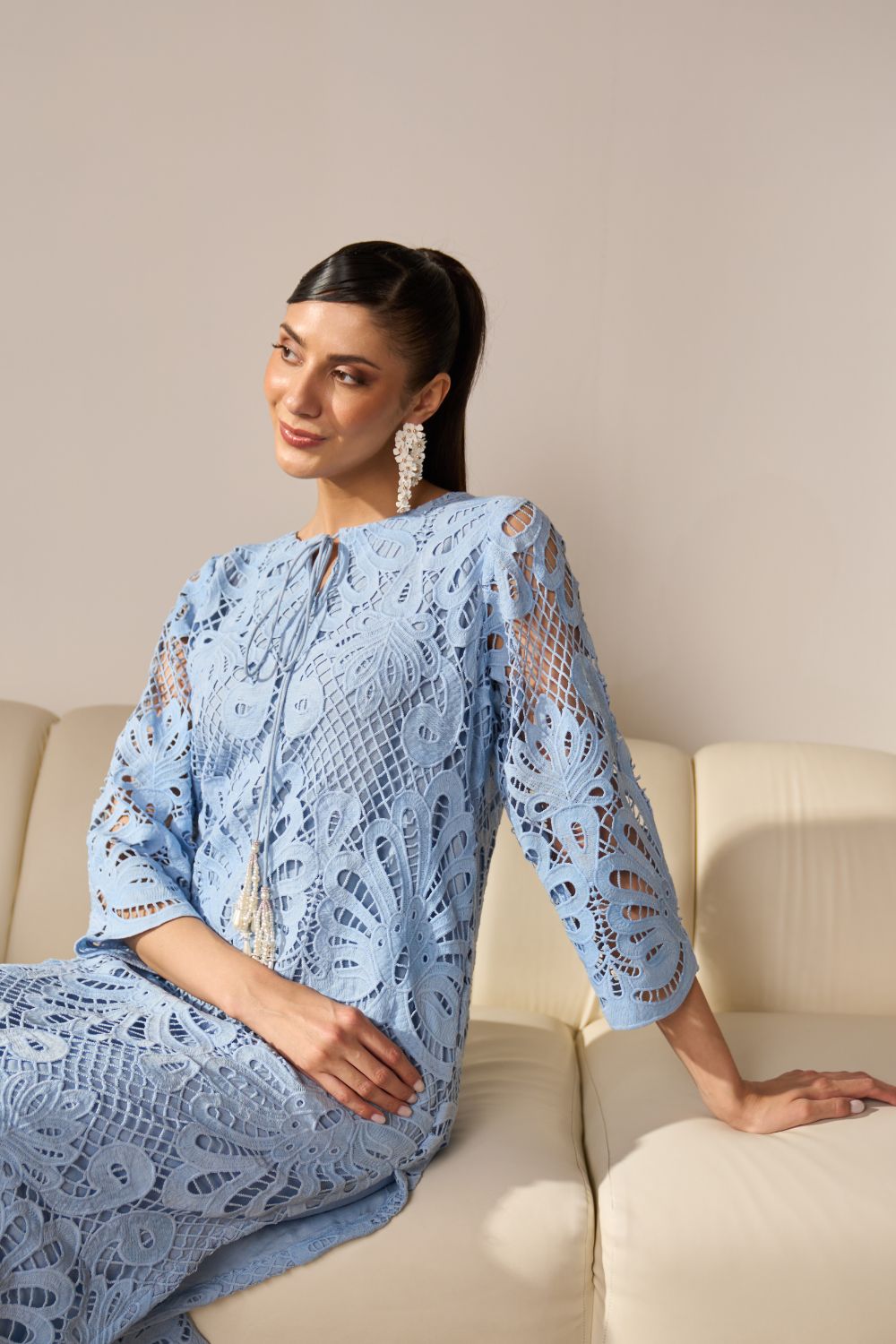 Alia Blue Lace Kurta Set With Pearl Embroidery