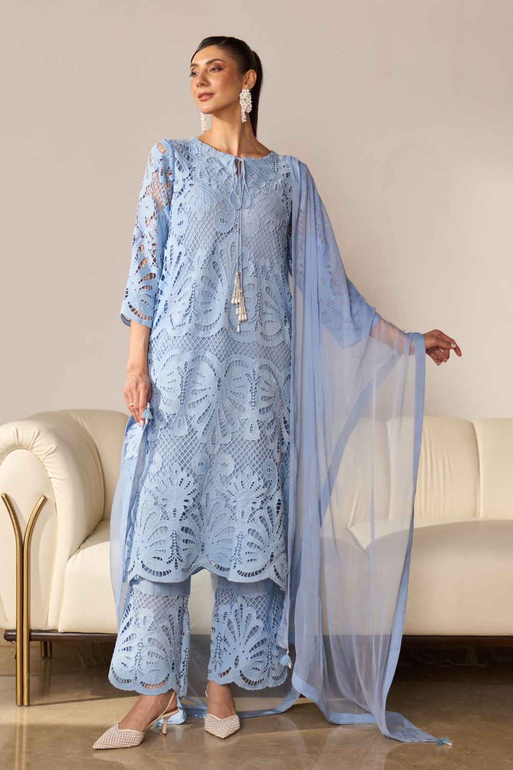 Alia Blue Lace Kurta Set With Pearl Embroidery