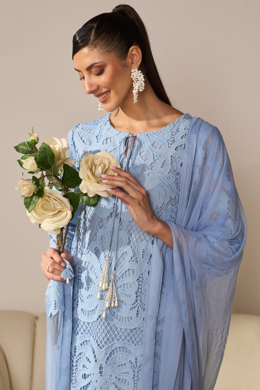 Alia Blue Lace Kurta Set With Pearl Embroidery