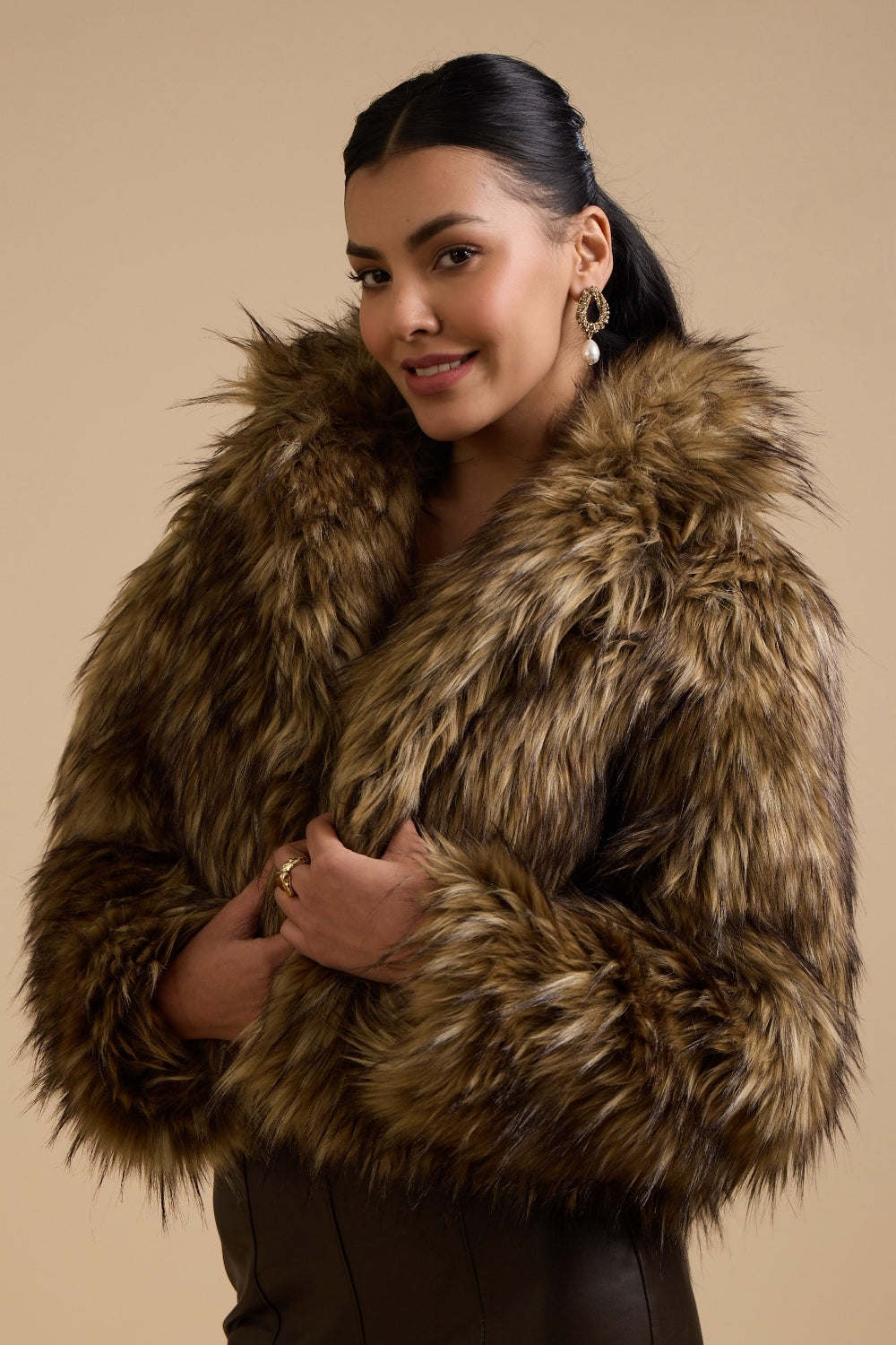 Olivia Faux Fur Jacket (Brown & Beige)