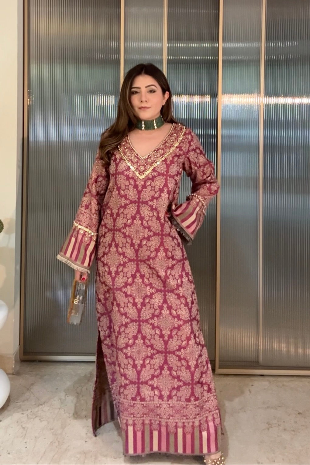 Meghna Pahwa in our Parisa Embroidered Shawl Kaftan (Fuchsia)