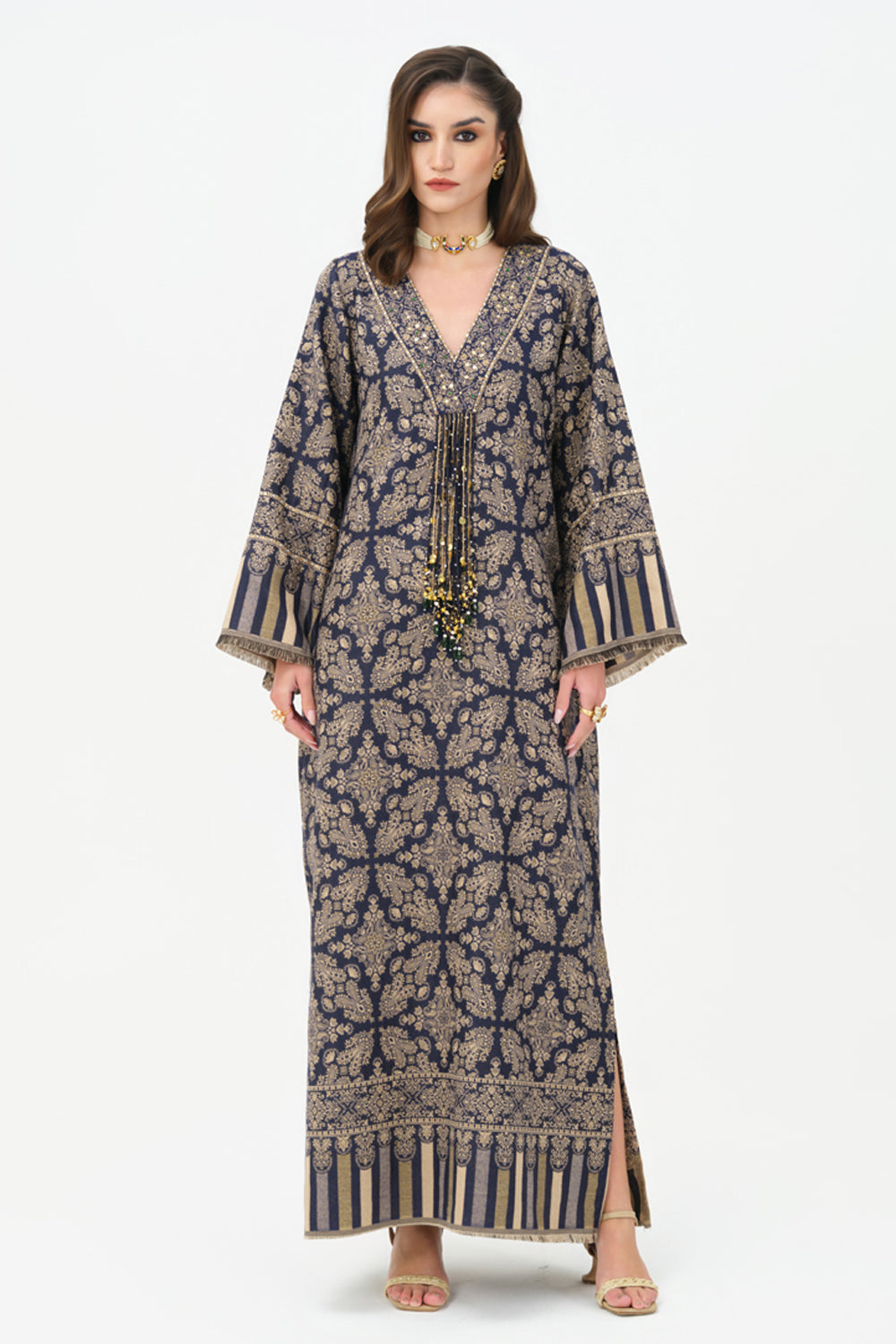 Zia Embroidered Shawl Kaftan (Navy Blue)