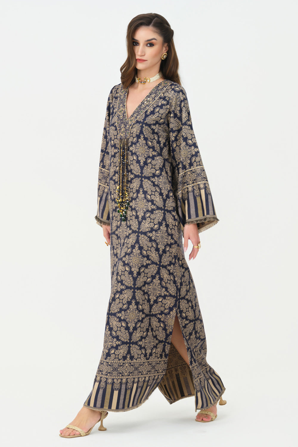 Zia Embroidered Shawl Kaftan (Navy Blue)