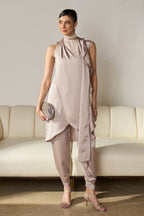 Pearl-Beige Kurta Set with Ruffled Drape