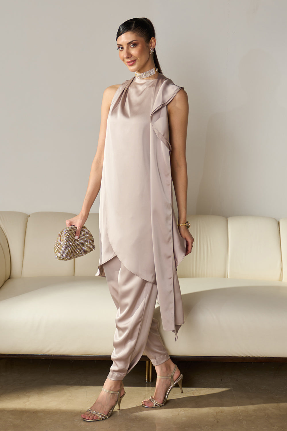 Pearl-Beige Kurta Set with Ruffled Drape