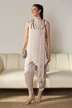 Pearl-Beige Kurta Set with Ruffled Drape