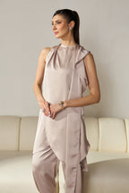 Pearl-Beige Kurta Set with Ruffled Drape