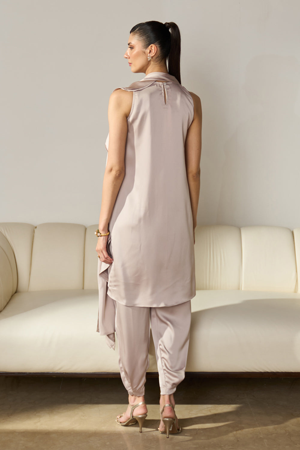 Pearl-Beige Kurta Set with Ruffled Drape