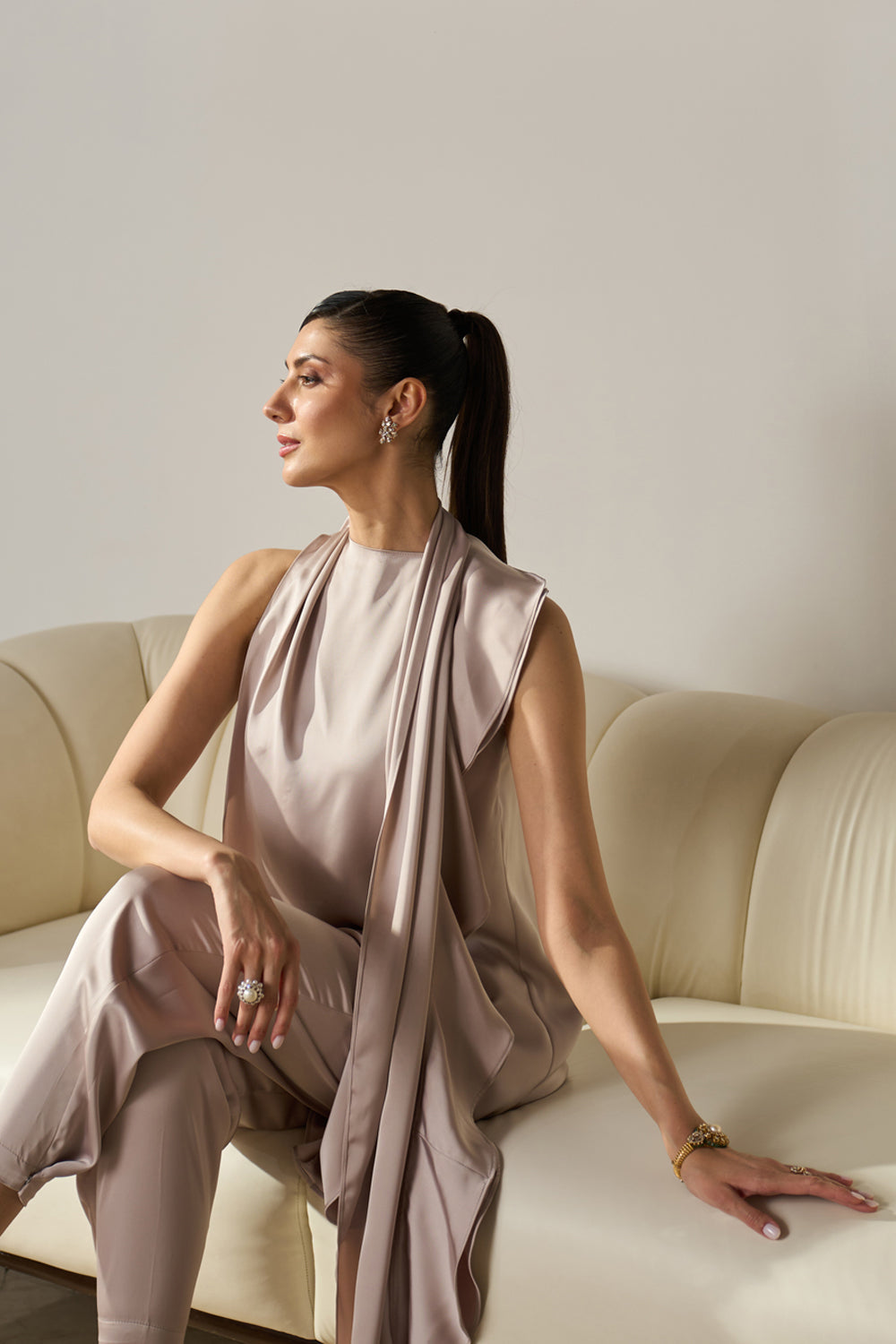 Pearl-Beige Kurta Set with Ruffled Drape