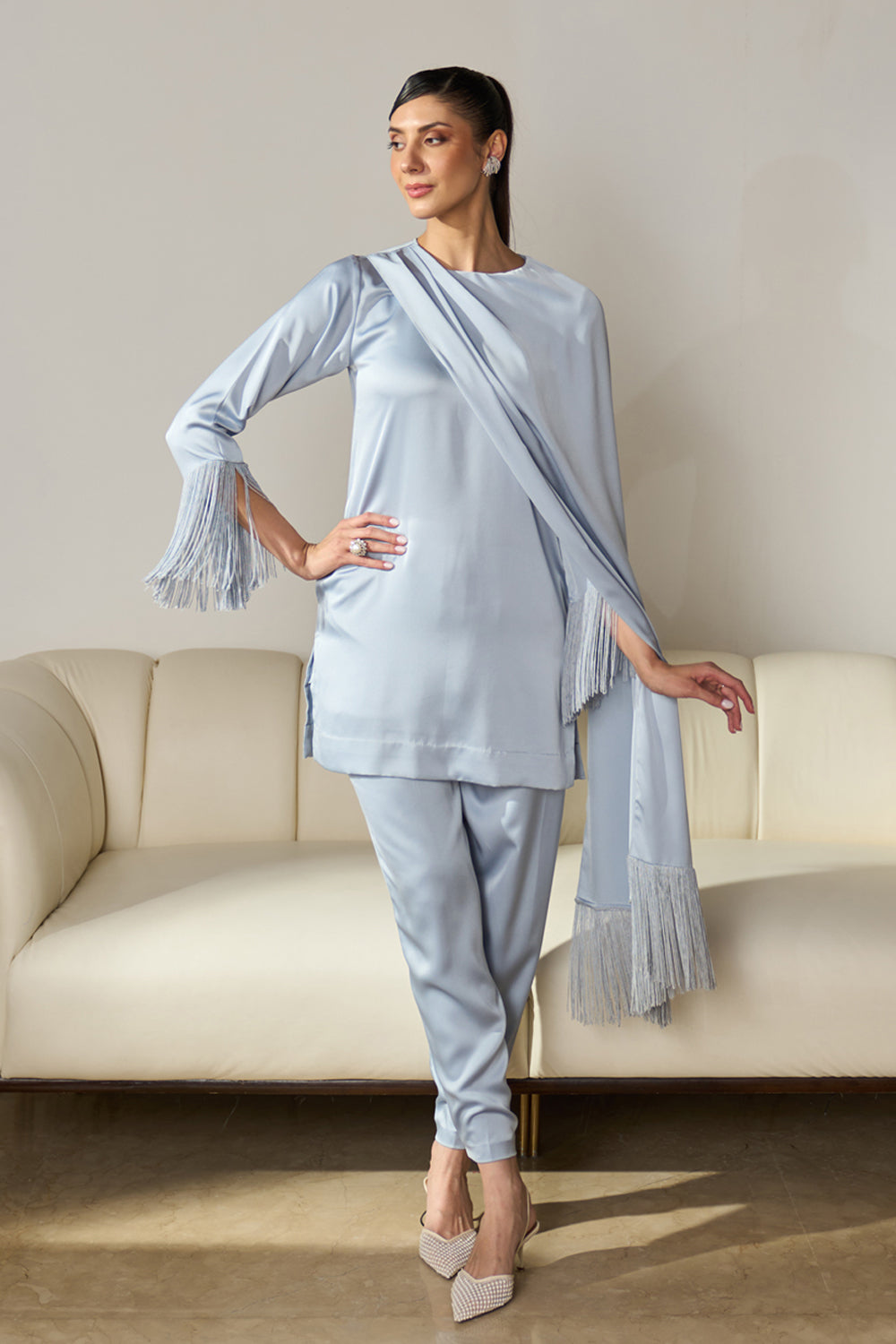 Ziva Fringed Co-ord Set (Ice Blue)