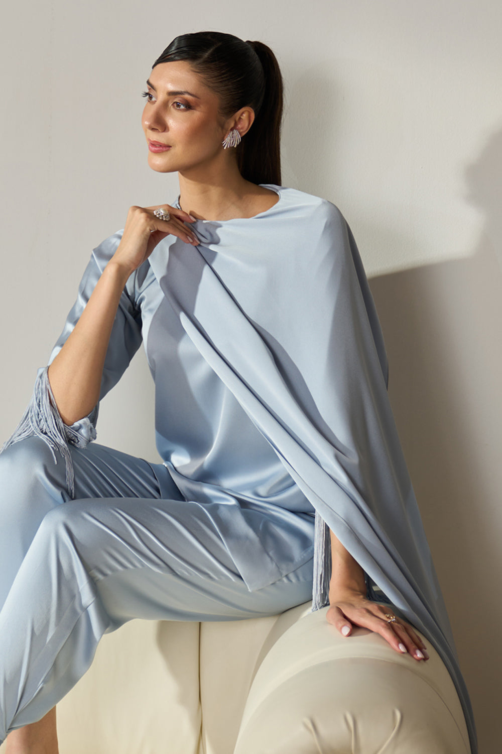 Ziva Fringed Co-ord Set (Ice Blue)