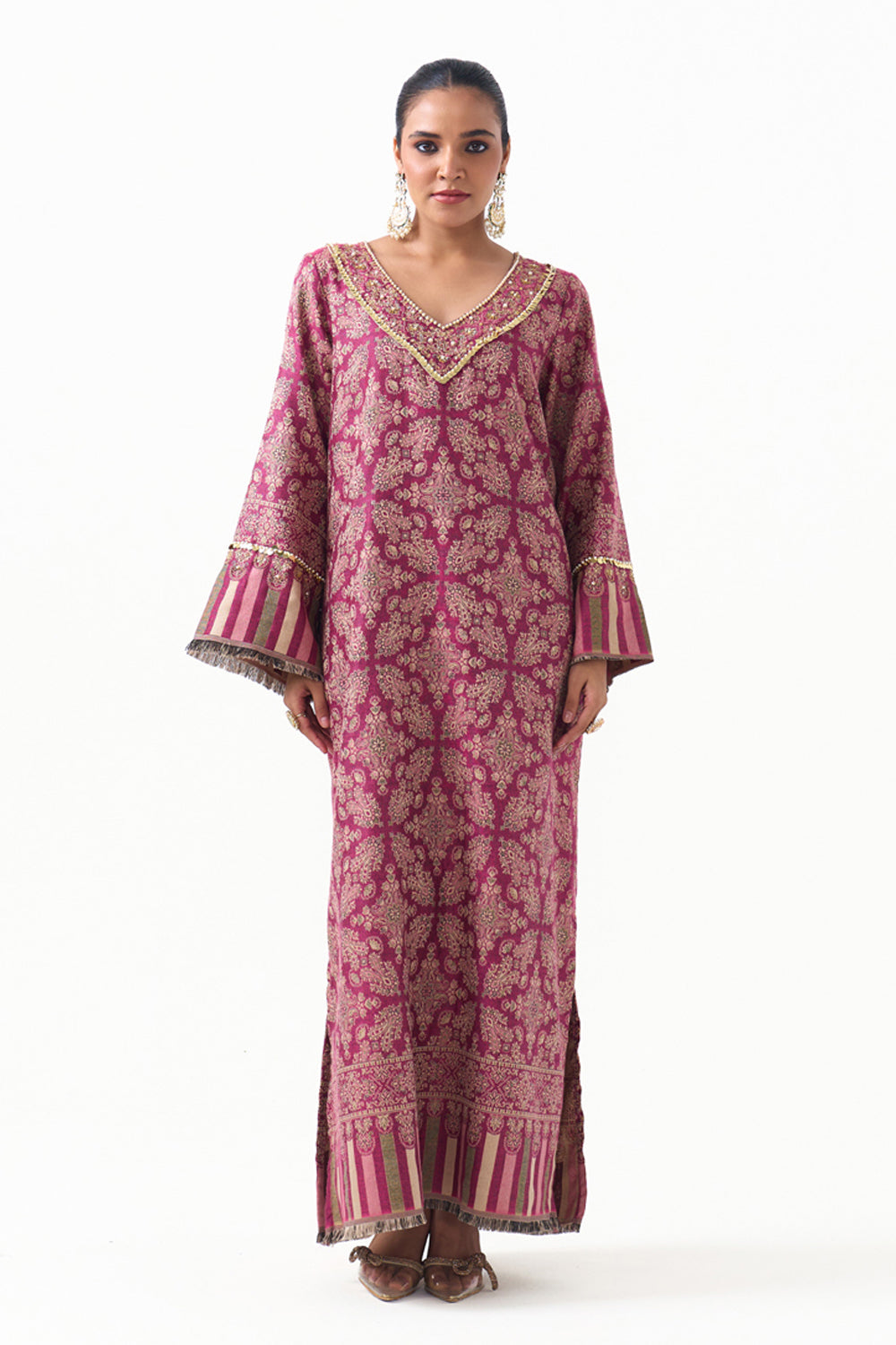 Meghna Pahwa in our Parisa Embroidered Shawl Kaftan (Fuchsia)