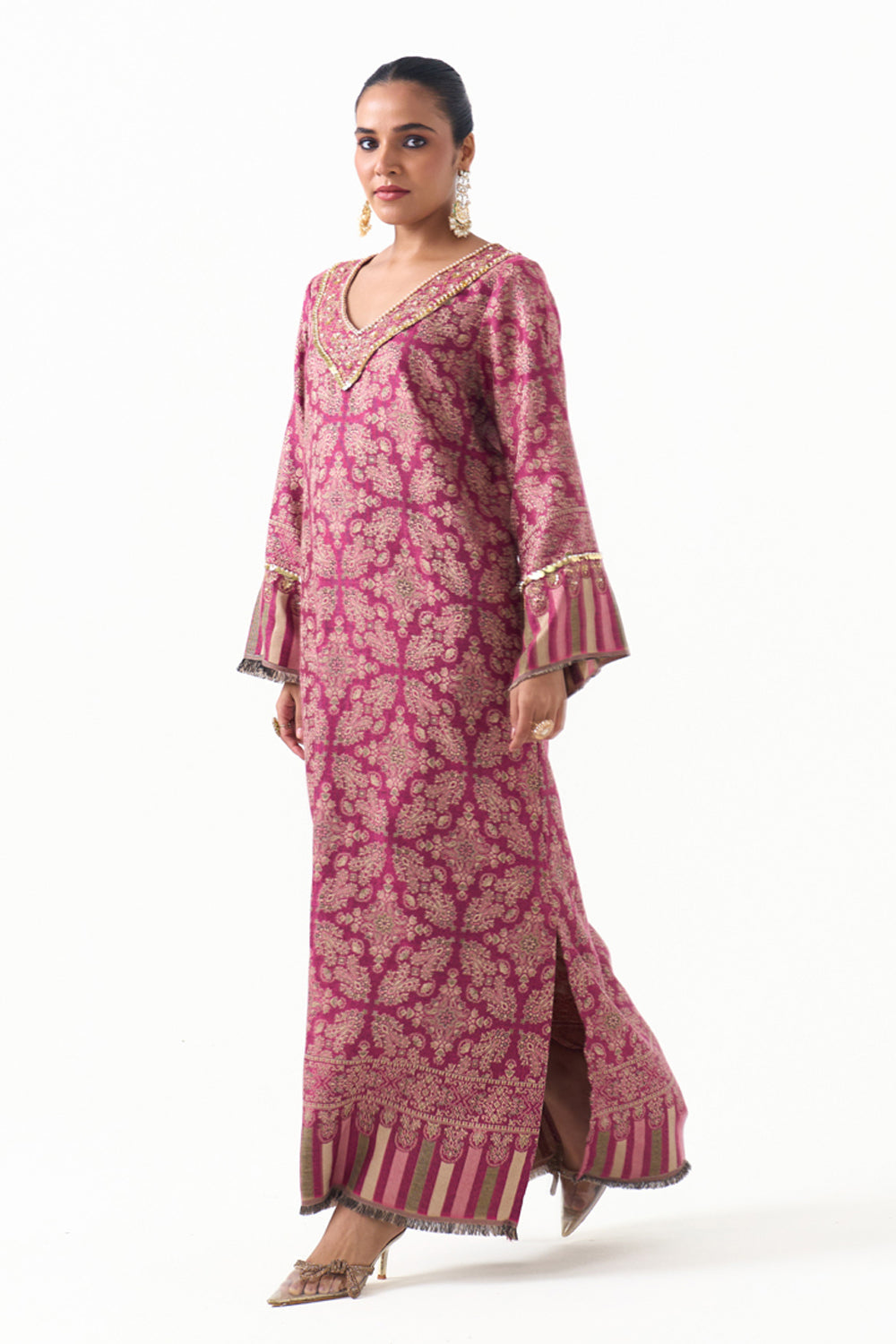 Meghna Pahwa in our Parisa Embroidered Shawl Kaftan (Fuchsia)