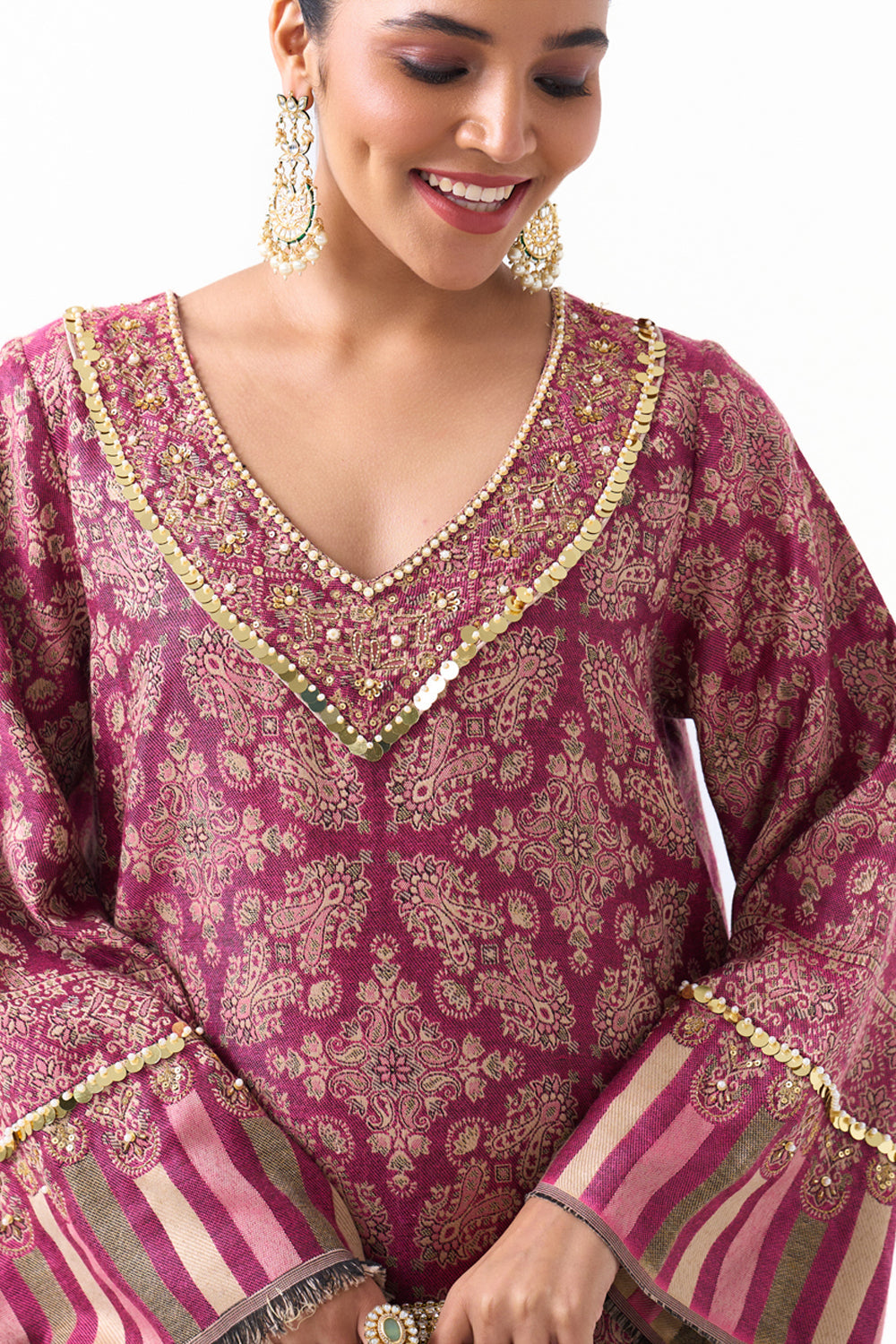 Meghna Pahwa in our Parisa Embroidered Shawl Kaftan (Fuchsia)