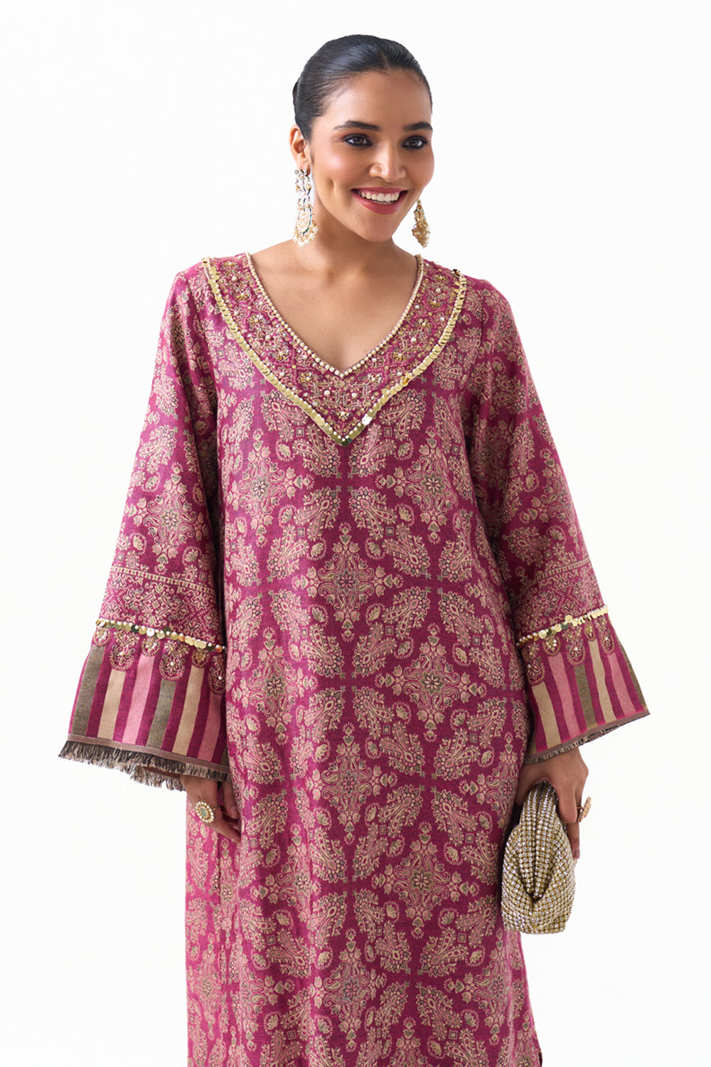 Meghna Pahwa in our Parisa Embroidered Shawl Kaftan (Fuchsia)