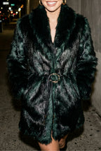 Rebecca Dark Green & Black Fur Coat with Tie-up Belt