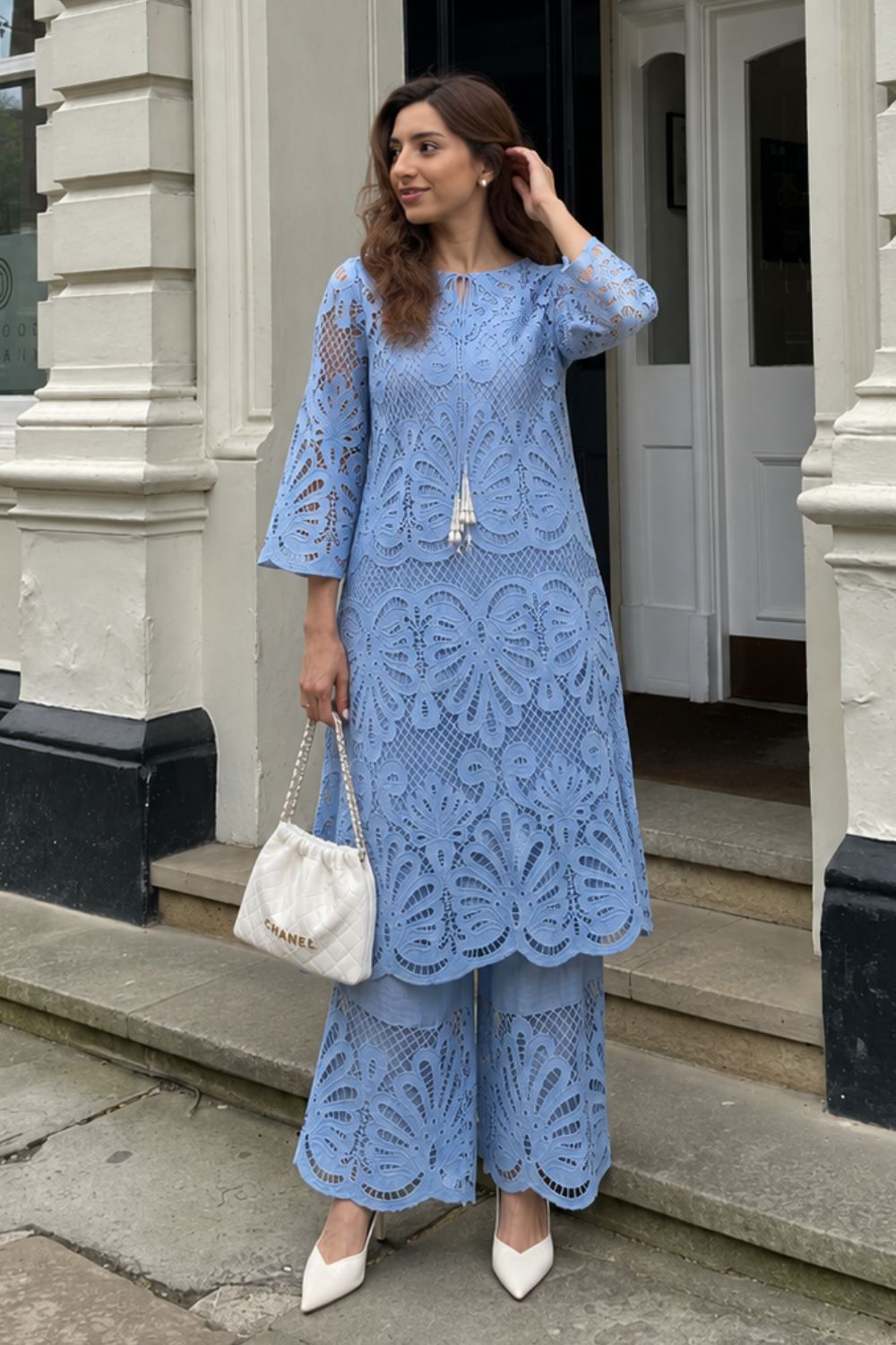 Alia Blue Lace Kurta Set With Pearl Embroidery